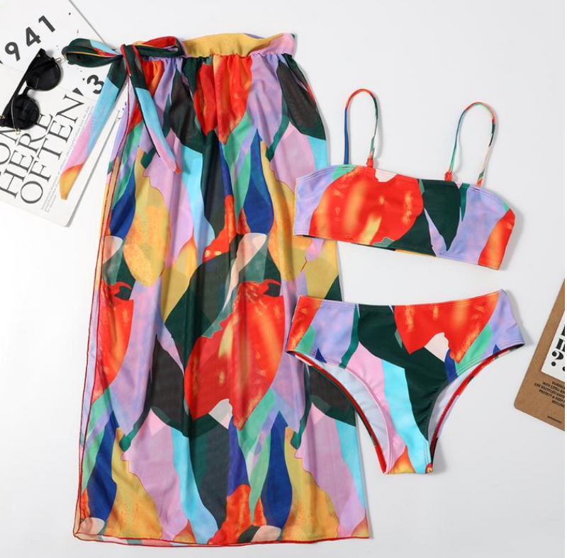 Bandeau High waist Color block Print Skirts 3 piece swimset Elegant bikini swimsuit women swimwear female bathing suit