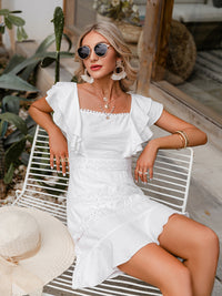 Women  Casual Lace Bodycon Dress Embroidered Short Ruffle Sleeves Mini Dress Party Cami Dress White