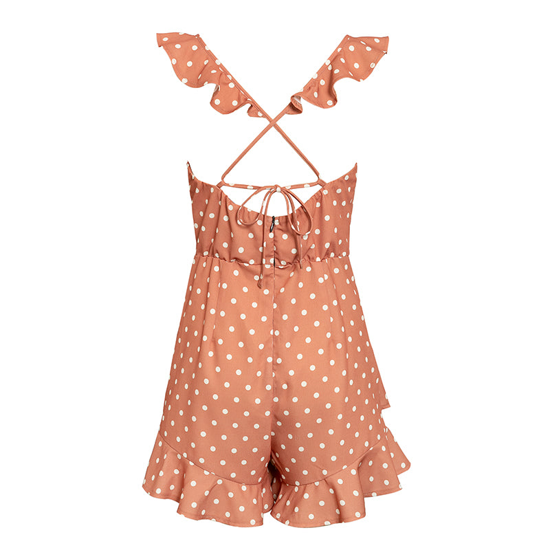 Women Ruffle Polka Dot Short Romper Backless V Neck Sleeveless Summer Beach Mini Jumpsuits