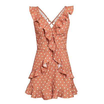 Women Ruffle Polka Dot Short Romper Backless V Neck Sleeveless Summer Beach Mini Jumpsuits