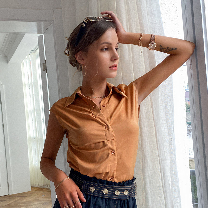 Elegant lapel office lady blouse t shirt solid pleated sleeveless women blouses Summer casual women fashion tops