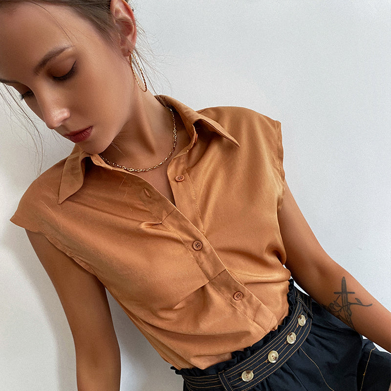 Elegant lapel office lady blouse t shirt solid pleated sleeveless women blouses Summer casual women fashion tops