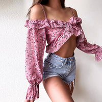 Off shoulder ruffles sexy fashion blouse chic irregular elegant top Holiday beach summer floral chiffon blouse top