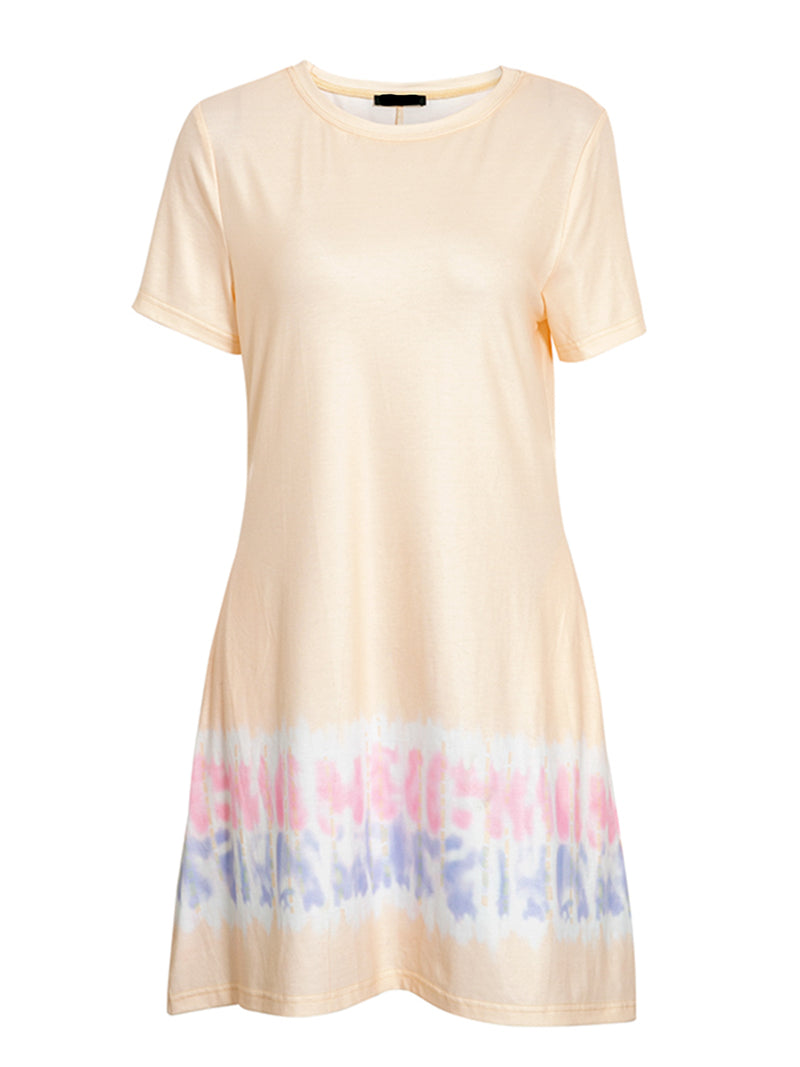 New Women Short Sleeve T-Shirt Dress Printed O Neck Ruffle Flare Casual Mini Dresses with Pockets