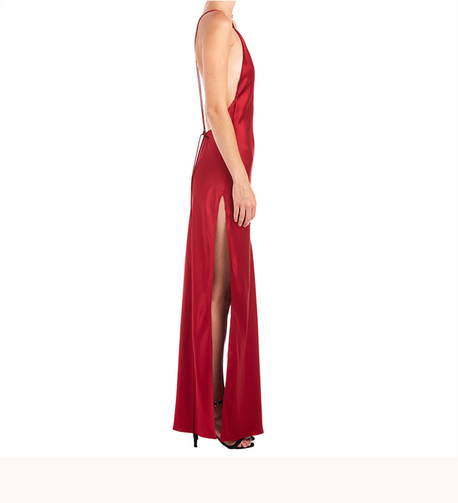 New Satin Evening Dress Women Evening Party Clothing Backless Strap Long Dress Wedding Dress