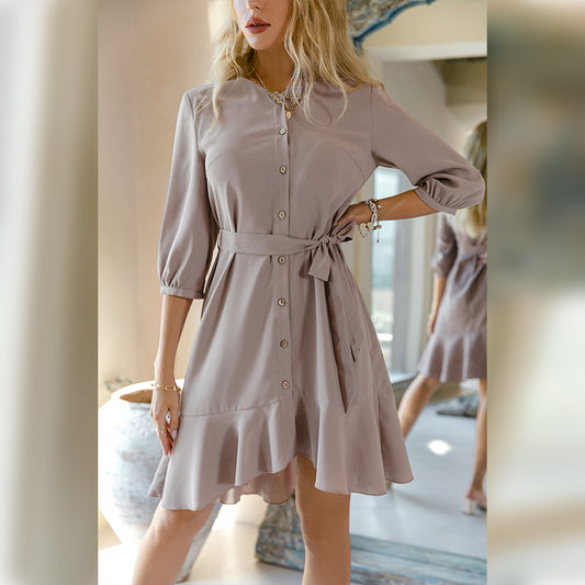 Office lady chiffon ruffle summer dress solid Elegant v neck half sleeve dress women Fashion belt knee length vestidos