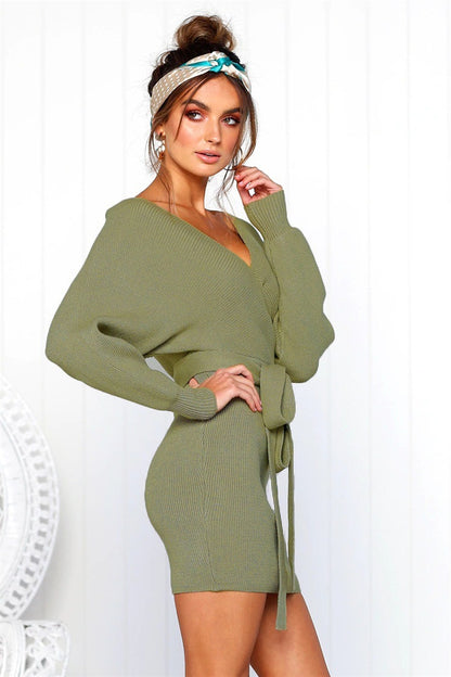 2021 Autumn and Winter New 2021 Spring and Summer Sexy Lace-up V-neck Sheath Long Sleeve Women Dress