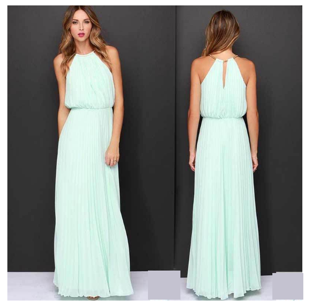 Halter Solid Color Chiffon Sleeveless Dress Dress  Long Dress