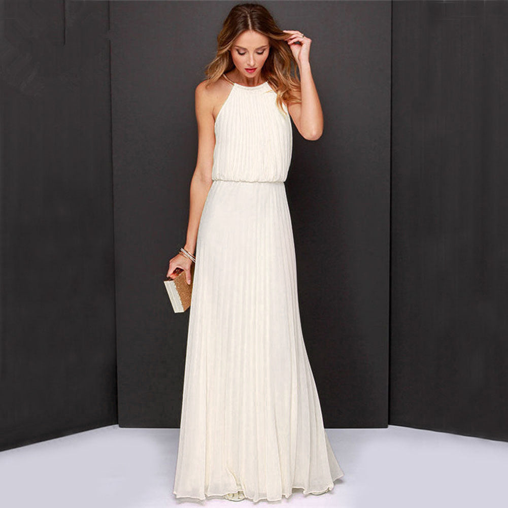 Halter Solid Color Chiffon Sleeveless Dress Dress  Long Dress