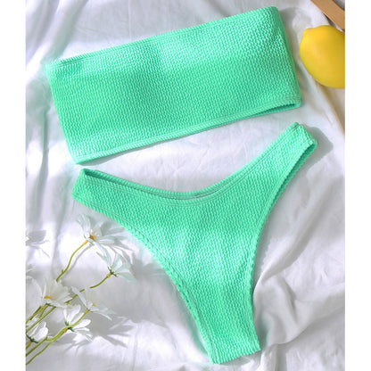 Sexy neon green bandeau bikini set Solid ribbed swimsuit women  swimming suit High cut swimwear female Sport bathing suit