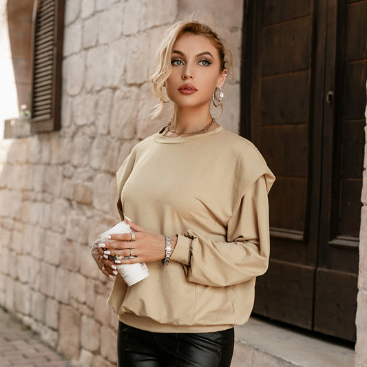 Autumn Solid O-neck Office Ladies Sweatshirt Khaki Off shoulder Women Pullover Full Regular Sleeves Female Sweatshirt