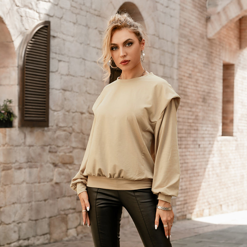 Autumn Solid O-neck Office Ladies Sweatshirt Khaki Off shoulder Women Pullover Full Regular Sleeves Female Sweatshirt