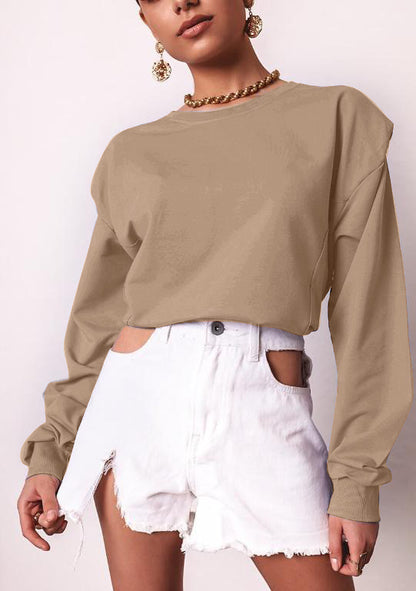 Autumn Solid O-neck Office Ladies Sweatshirt Khaki Off shoulder Women Pullover Full Regular Sleeves Female Sweatshirt