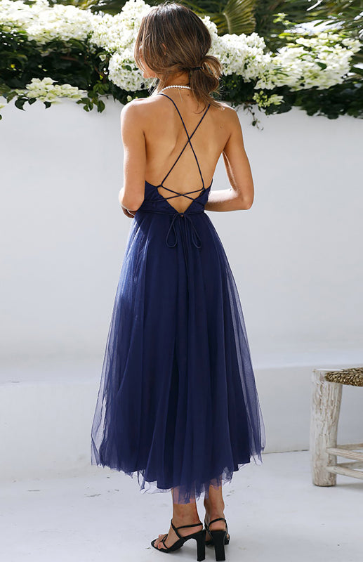 Sexy Deep V Neck Backless Lace-Up Mesh Puff Dress