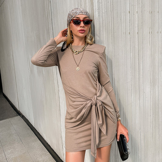 Fashion Lace Up Dress Women Casual Long Sleeves O Neck Wraped Mini Dress High Street Office Lady Long Tops 2021 Autumn