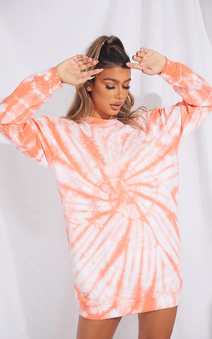 Tie-Dye Printed Sweater Dress Hot Spiral Pattern Long Sleeve Dress