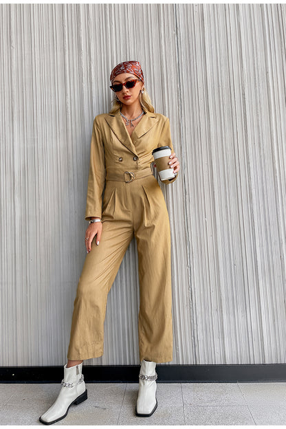 High Street Shirt Collar Belt Jumpsuit Solid Casual Button Chain Overalls Autumn Office High Waist Ladies Playsuit