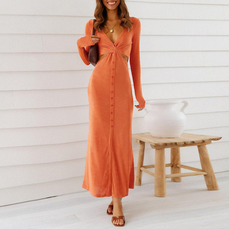 Sexy Hollow Out Knot Buttons V-Neck Women Dress Elegant Long Sleeves Slim Party Vestidos Female Solid Straight Dresses