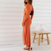 Sexy Hollow Out Knot Buttons V-Neck Women Dress Elegant Long Sleeves Slim Party Vestidos Female Solid Straight Dresses