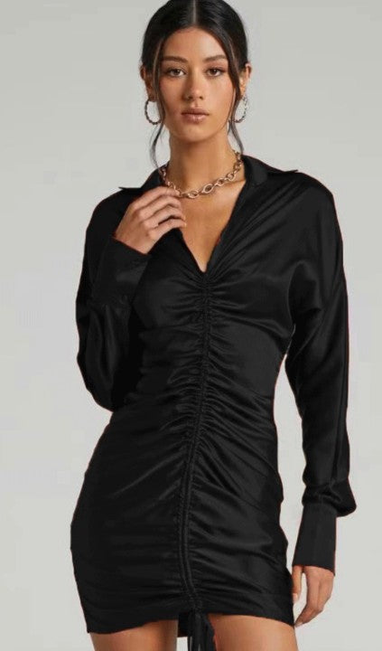 Women Sexy Drawstring Ruched Satin Mini Dresses Long Sleeve V Neck Cocktail Party Bodycon Dress