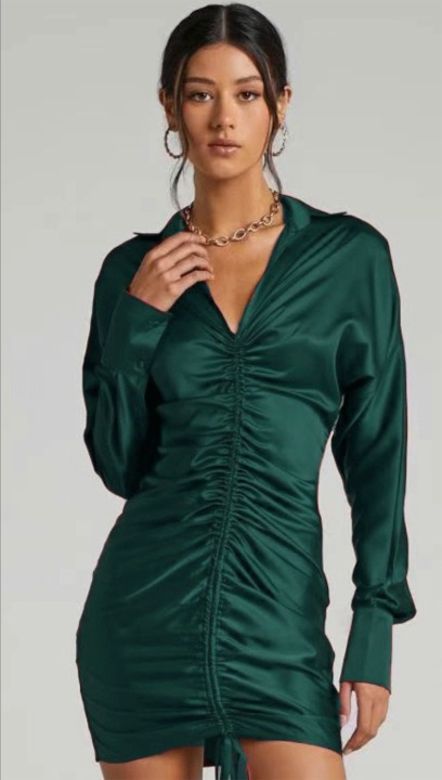 Women Sexy Drawstring Ruched Satin Mini Dresses Long Sleeve V Neck Cocktail Party Bodycon Dress