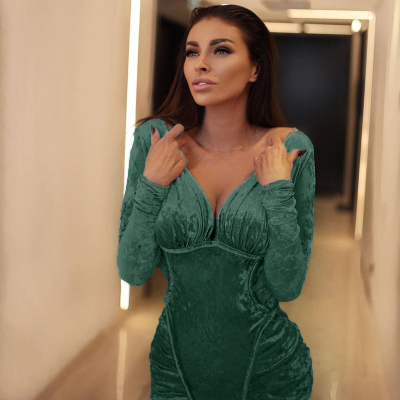 Womens Sexy Velvet Bodycon Dress Rushed Long Sleeve Mini Party Cocktail Dress