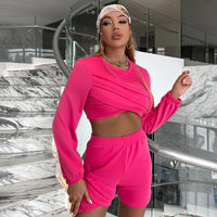 High Street Casual Rose Red Shorts Suits Cross Fashion Cropped Sweatershirt Shorts Women Party Club Elegant Sets