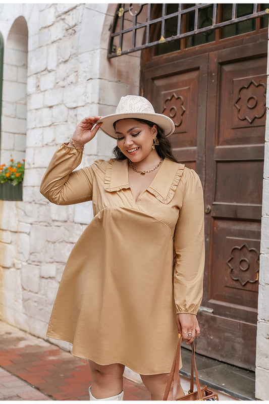 Office Plus Size Cotton V-Neck Smock Dress Women Autumn Ruffled Collar Long Sleeve Khaki Mini Dress Solid Female Vestido