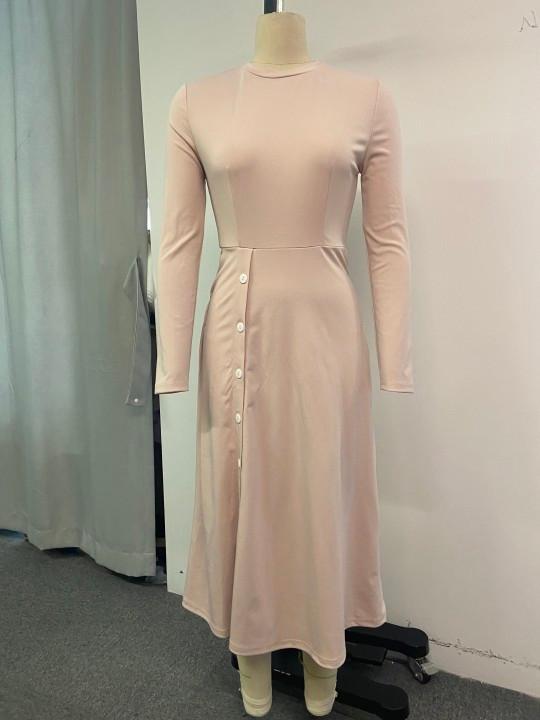 Office O-Neck Long Sleeves Hollow Out Women Dress Pink Elegant Buttons Slim A-Line Midi Vestidos Solid Female Dresses