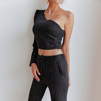 Fashion One Shoulder Blazer Suits Women Slim Stripes Two Piece Sets Sexy Cropped Shirt Sets Office Lady Pant Sets
