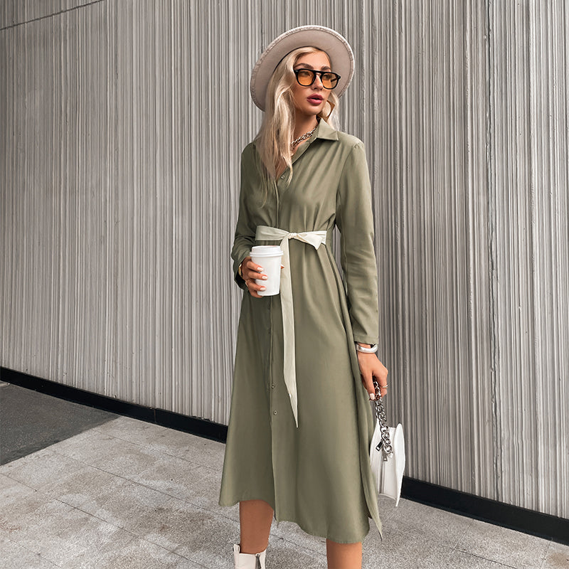 High Street Lace Up Split Women Dress Autumn Buttons Long Sleeves Solid Loose Maxi Dresses Elegant Vestido Green 2021