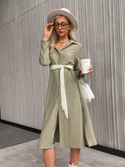 High Street Lace Up Split Women Dress Autumn Buttons Long Sleeves Solid Loose Maxi Dresses Elegant Vestido Green 2021