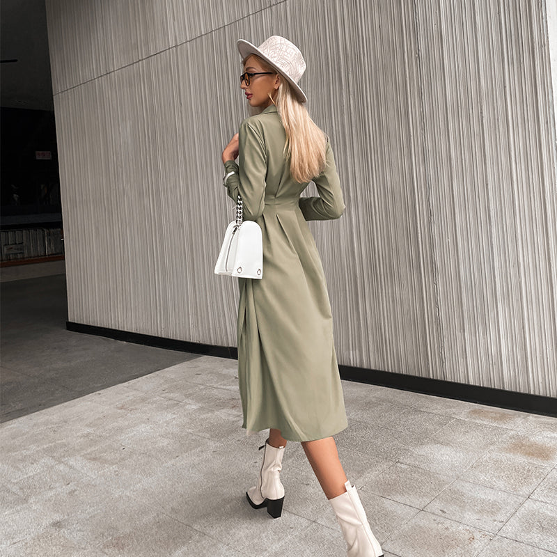 High Street Lace Up Split Women Dress Autumn Buttons Long Sleeves Solid Loose Maxi Dresses Elegant Vestido Green 2021