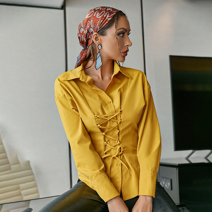 Yellow Bandage Long Sleeve Blouse Shirt Women Waist Design Lace Up Chic Shirts Top High Street Casual Autumn Office Top