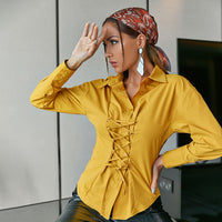 Yellow Bandage Long Sleeve Blouse Shirt Women Waist Design Lace Up Chic Shirts Top High Street Casual Autumn Office Top