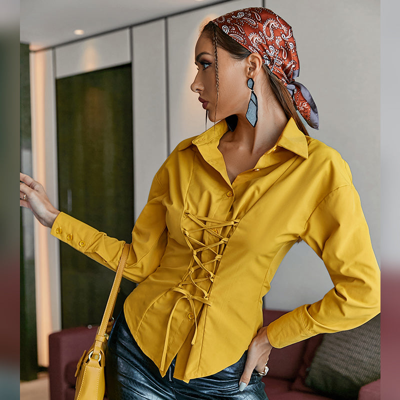 Yellow Bandage Long Sleeve Blouse Shirt Women Waist Design Lace Up Chic Shirts Top High Street Casual Autumn Office Top