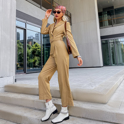 High Street Shirt Collar Belt Jumpsuit Solid Casual Button Chain Overalls Autumn Office High Waist Ladies Playsuit