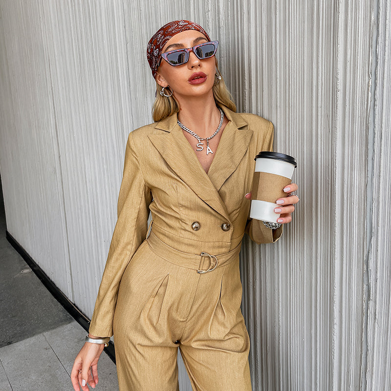 High Street Shirt Collar Belt Jumpsuit Solid Casual Button Chain Overalls Autumn Office High Waist Ladies Playsuit