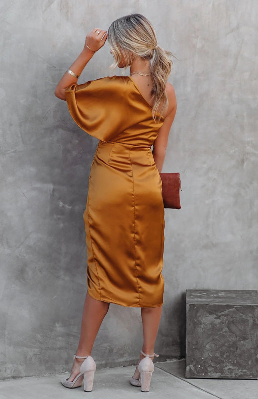 Sexy One Sleeve Irregular Pleated Waist Skirt Dress