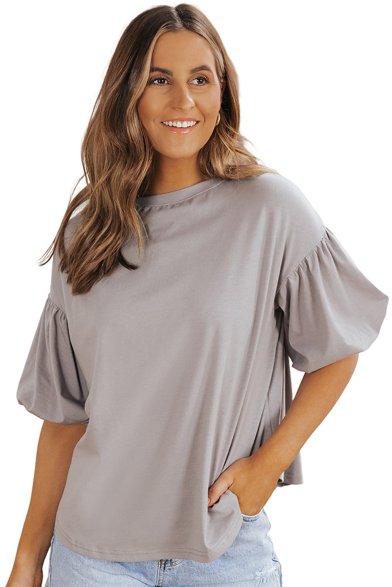 White Joint Bubble Sleeve Round Neck Blouse