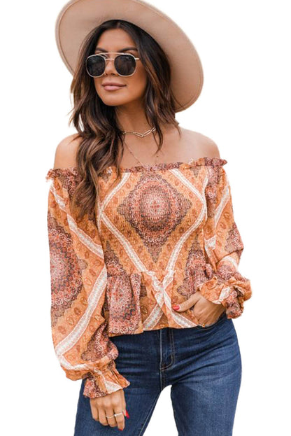 Printed Ruffled Smocked Off Shoulder Blouse