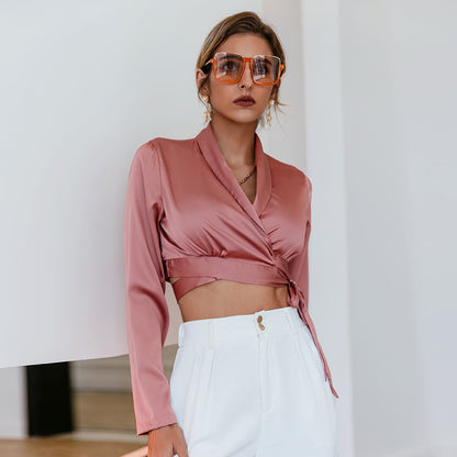 Autumn Lace Up Cropped Satin Slik Blouse Women Solid Satin Crop Top Office Lady Long Sleeve V-Neck Bandage Shirt Woman