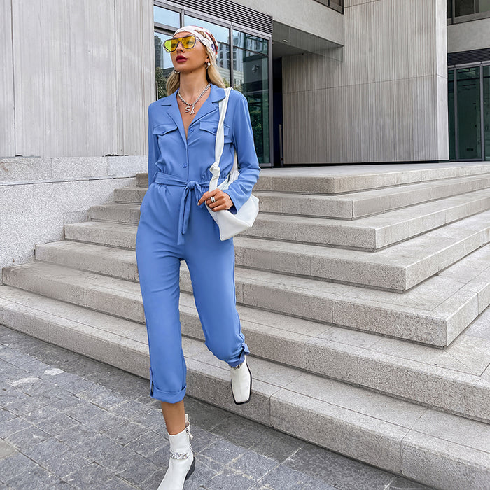 Solid Color Office Lady Jumpsuit Elegant Notched Overalls Romperseve Casual Long Sleeves Single-Breasted Cargo Rompers