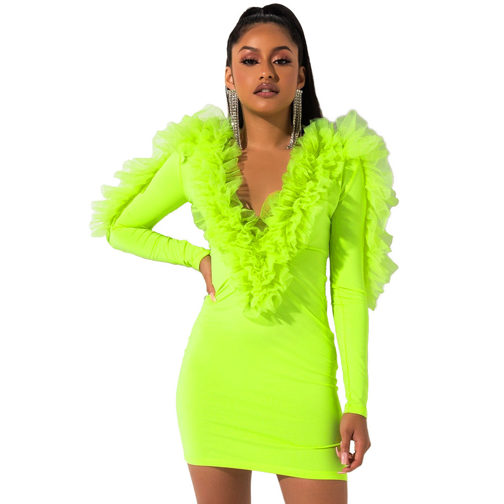 Women Clothing  Voile Wooden Ear Fluorescent Dark V-neck Sexy Dress