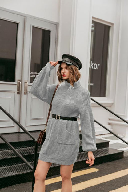 Casual Turtleneck Women Sweater Dress Autumn Winter Knitted Dress With Pockets Lantern Sleeve Female Sweater Dress