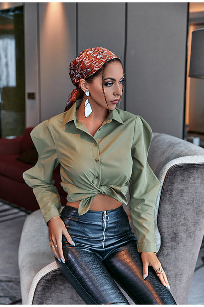 Sexy Green Puff Sleevel Office Chic Blouse Shirts Women Elegant Basic Long Sleeve Winter Autumn Shirts New Style