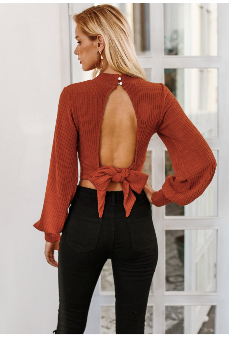 Sexy Backless Knitted Blouse Shirt Women Lantern Long Sleeve Crop Top Female Streetwear  Autumn Winter Shirt Tops