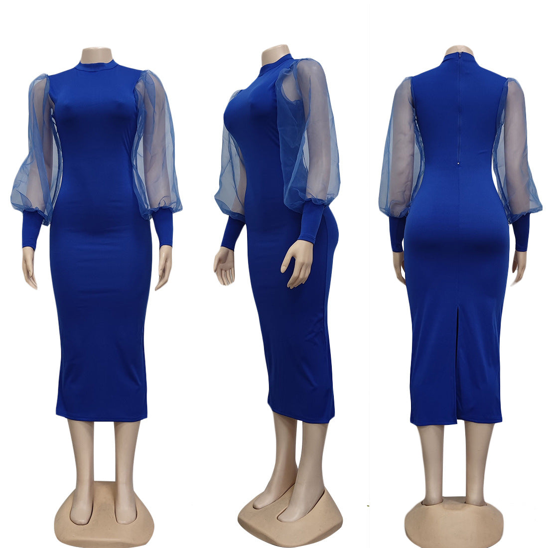 Women Clothing Mesh See-through Lantern Sleeve Dress Sheath 3 Colors