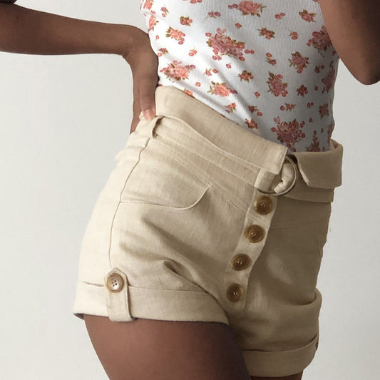 Casual High Waist Button Women Shorts Summer Sash Solid High Street Shorts Fashion Office Lady Female Outfit Drape