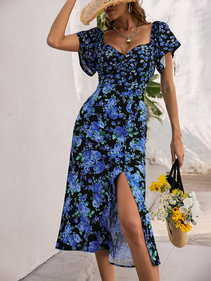 Floral Printed Holiday Beach Midi Dresses Square Collar Elegant High Split Ruffles Sleeve Estampado Floral Dress Women Bodycon Vestidos